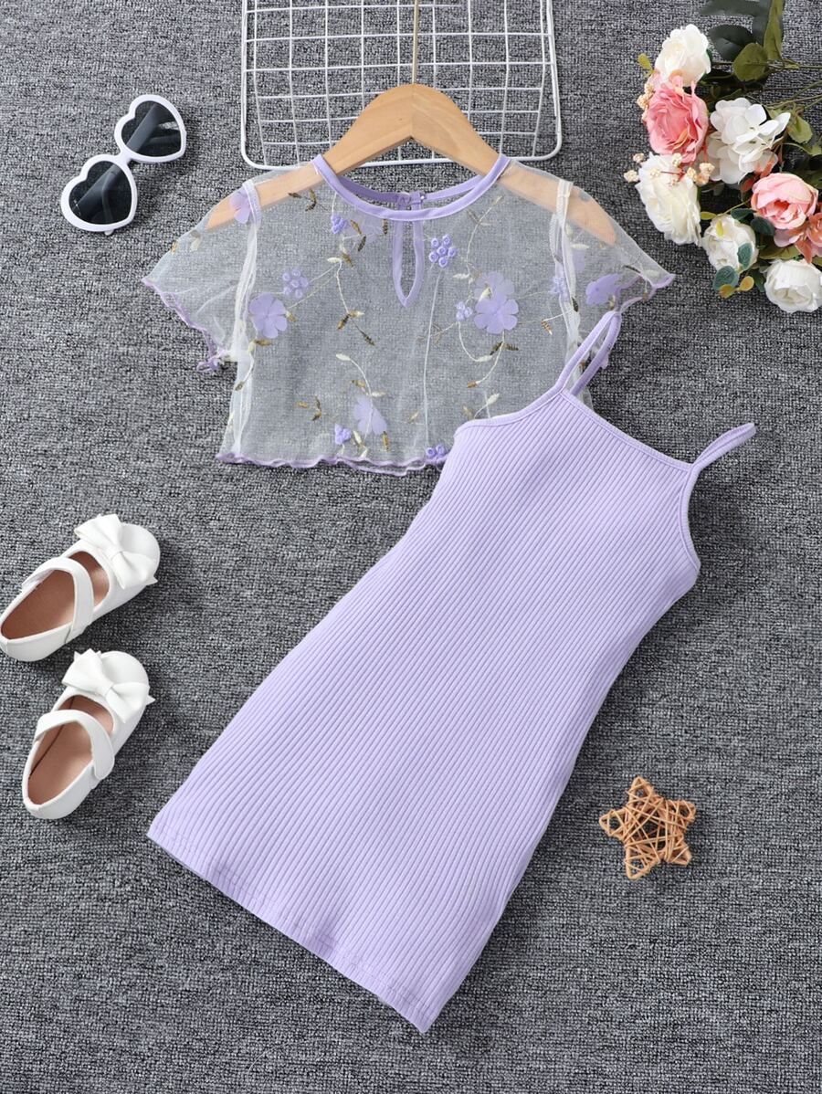 小女童貼花木耳邊網紗上衣和吊帶連衣裙 - 紫色 - 查看 1
