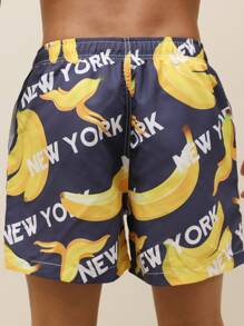 Manfinity Hombres Shorts de natación con estampado de plátano de cintura con cordón - Azul Marino - Ver 2