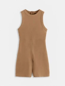 SHEIN BASICS Solid Ribbed Knit Unitard Romper
