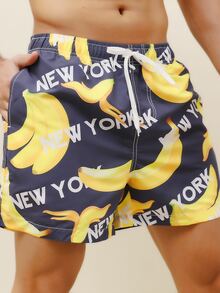 Manfinity Hombres Shorts de natación con estampado de plátano de cintura con cordón - Azul Marino - Ver 3