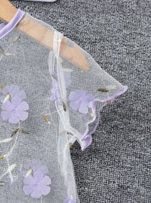 小女童貼花木耳邊網紗上衣和吊帶連衣裙 - 紫色 - 查看 4