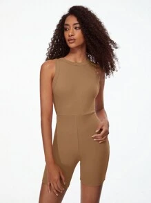 SHEIN BASICS Solid Ribbed Knit Unitard Romper