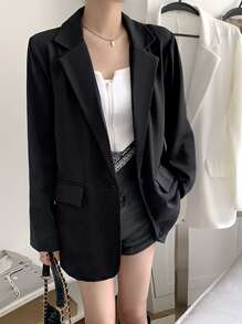 素色墊肩翻蓋細節西裝外套 - 黑色 - 查看 1