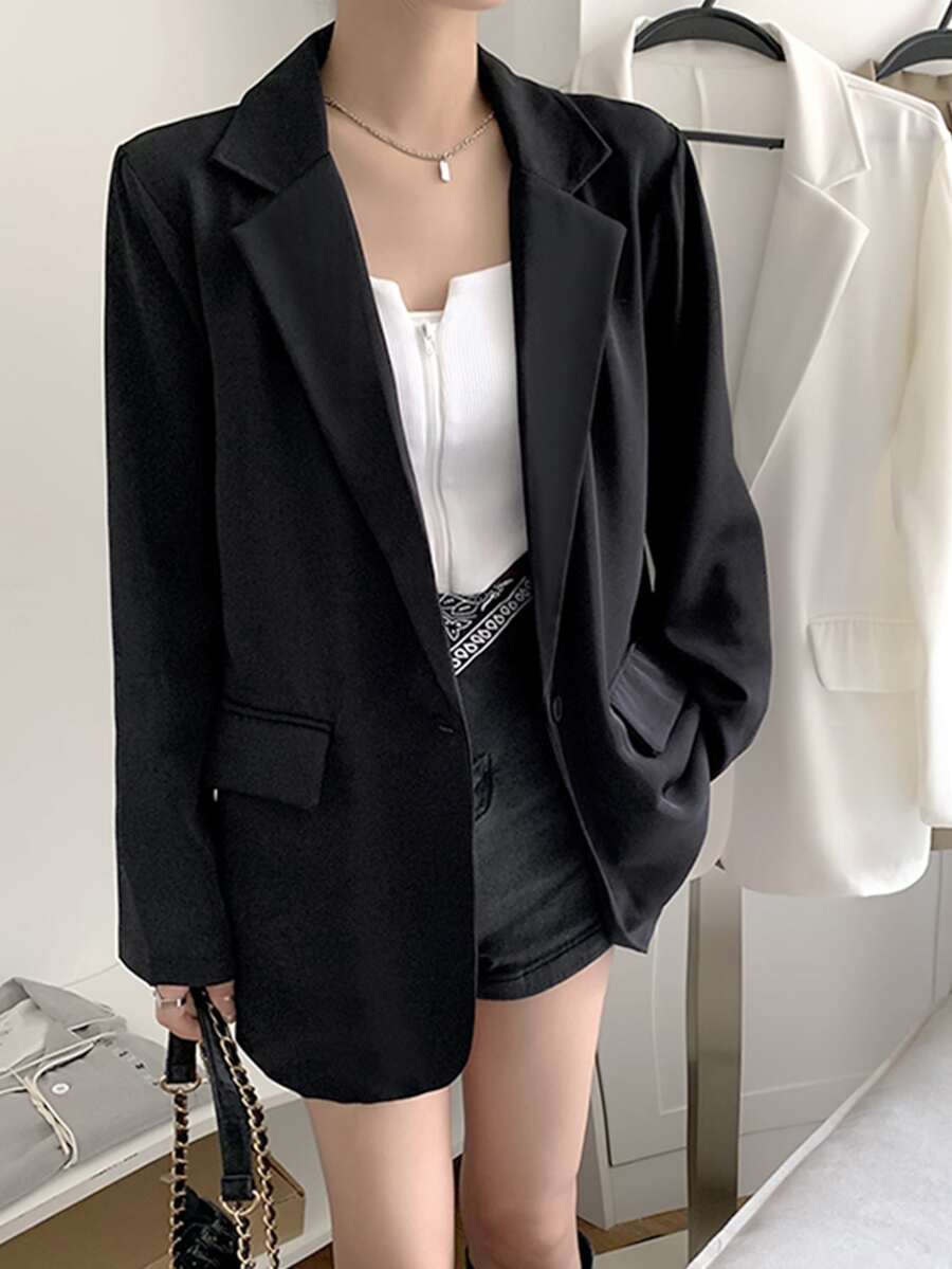 素色墊肩翻蓋細節西裝外套 - 黑色 - 查看 1