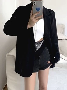 素色墊肩翻蓋細節西裝外套 - 黑色 - 查看 3