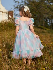 Chica preadolescente Vestido de malla de manga farol bajo con fruncido - Multicolor - Ver 2