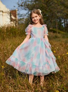 Chica preadolescente Vestido de malla de manga farol bajo con fruncido - Multicolor - Ver 4