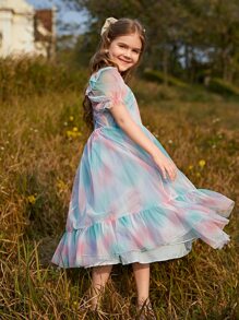 Chica preadolescente Vestido de malla de manga farol bajo con fruncido - Multicolor - Ver 5