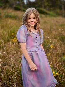 Girls Ombre Puff Sleeve Button Front Top & Skirt - Multicolor - View 1