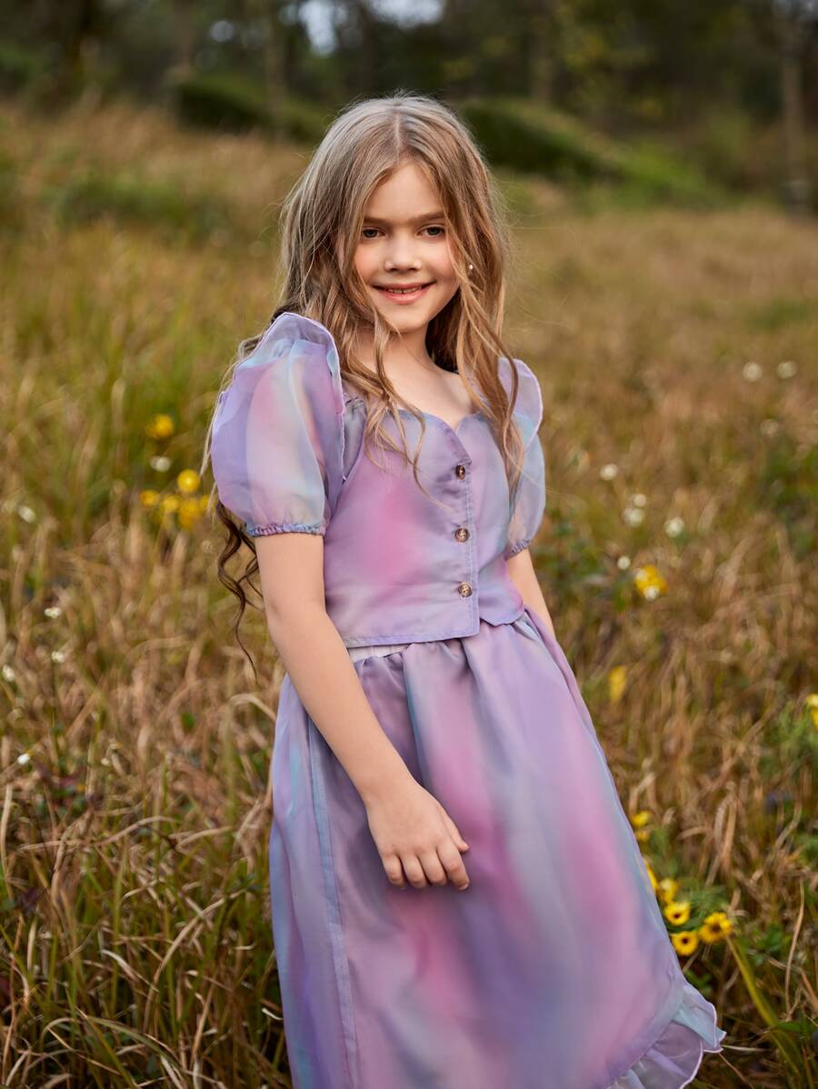 Girls Ombre Puff Sleeve Button Front Top & Skirt - Multicolor - View 1