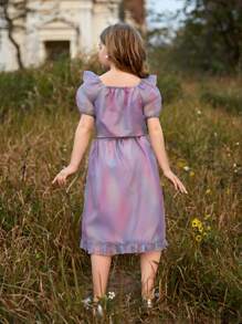 Girls Ombre Puff Sleeve Button Front Top & Skirt - Multicolor - View 2