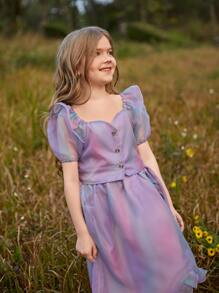 Girls Ombre Puff Sleeve Button Front Top & Skirt - Multicolor - View 3