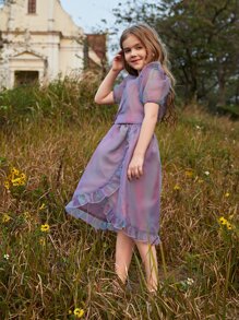 Girls Ombre Puff Sleeve Button Front Top & Skirt - Multicolor - View 5