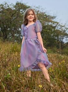 Girls Ombre Puff Sleeve Button Front Top & Skirt - Multicolor - View 6