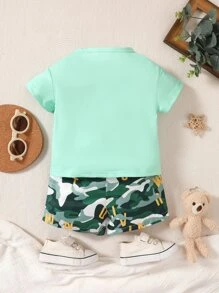 Baby Boy Cartoon And Camo Print Tee & Shorts - Green - View 2