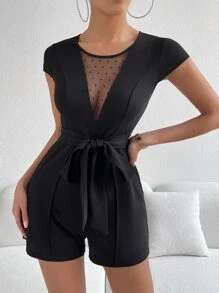 SHEIN Privé Contrast Mesh Belted Romper - Black - View 1