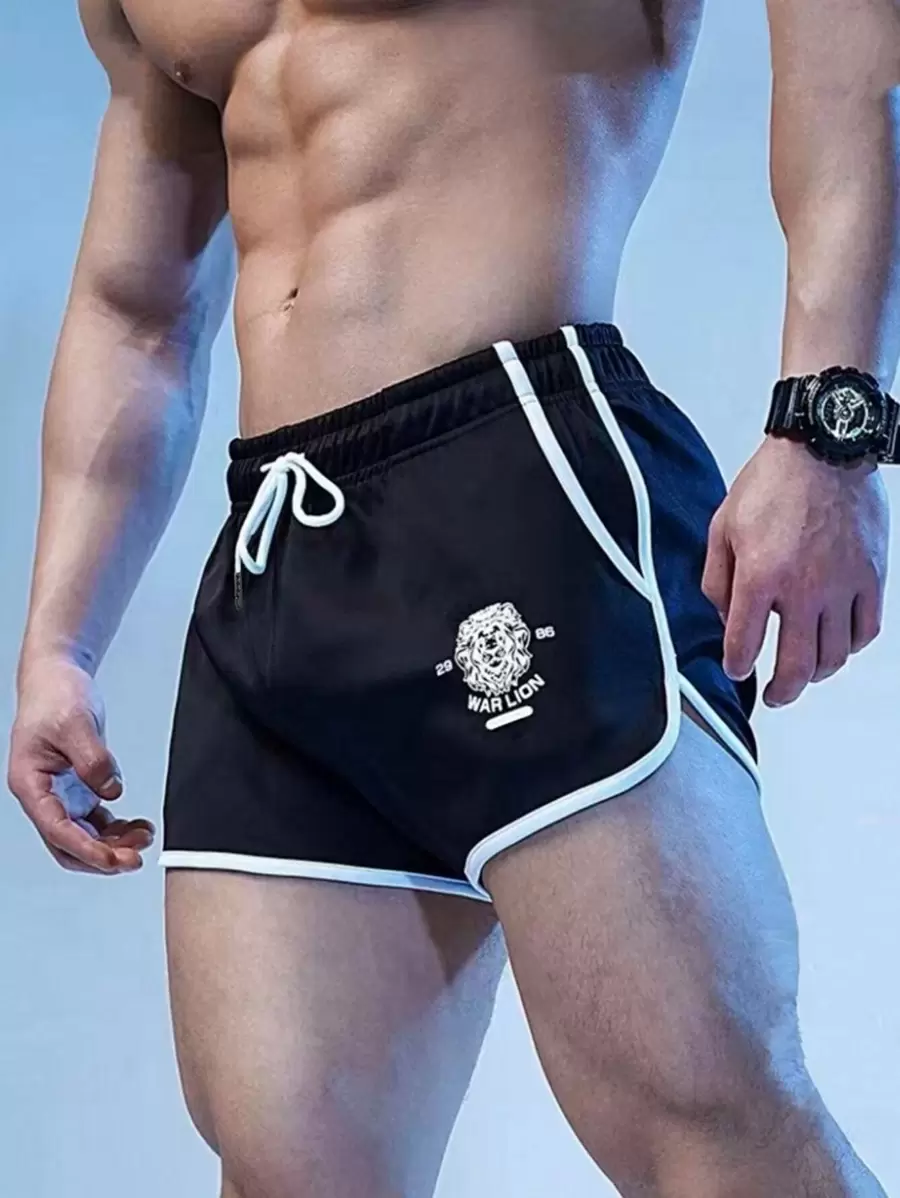 GymBeat 男友风 男士 字母 图案 撞色 绑带 抽绳 腰部 运动 短裤 健身 短裤 - 黑色 - 查看 1