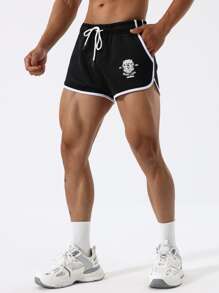 GymBeat 男友风 男士 字母 图案 撞色 绑带 抽绳 腰部 运动 短裤 健身 短裤 - 黑色 - 查看 3