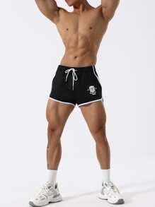 GymBeat 男友风 男士 字母 图案 撞色 绑带 抽绳 腰部 运动 短裤 健身 短裤 - 黑色 - 查看 5