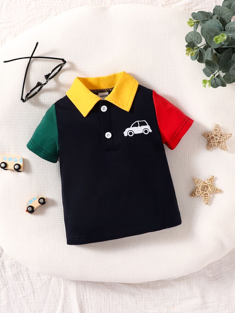 寶寶男孩夏季休閒彩色拼接短袖上衣，印有汽車圖案 - 藏蓝色 - 查看 1