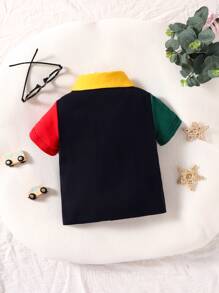 寶寶男孩夏季休閒彩色拼接短袖上衣，印有汽車圖案 - 藏蓝色 - 查看 2