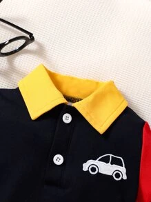寶寶男孩夏季休閒彩色拼接短袖上衣，印有汽車圖案 - 藏蓝色 - 查看 3