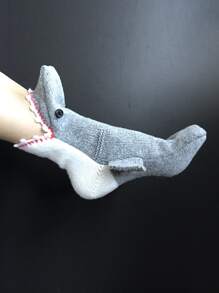 1pair Women Cartoon Shark Design Creative Crew Socks, For Daily Life - Grey - View 1