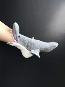 1pair Women Cartoon Shark Design Creative Crew Socks, For Daily Life - Grey - View 2