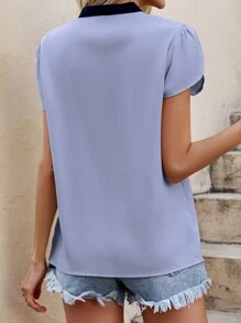 SHEIN VCAY Contrast Trim Petal Sleeve Blouse - Dusty Blue - View 2