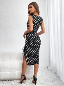 Firerie Polka Dot Print Drawstring Split Thigh Dress,Polka Dot Dress - Black and White - View 2