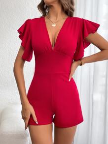 SHEIN Privé Plunging Neck Butterfly Sleeve Romper - Rose Red - View 2