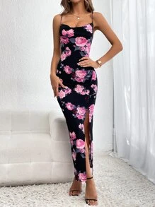 SHEIN Privé Floral Print Split Thigh Cami Dress - Pink - View 2