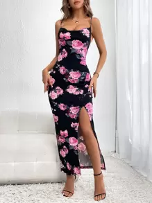 SHEIN Privé Floral Print Split Thigh Cami Dress - Pink - View 1