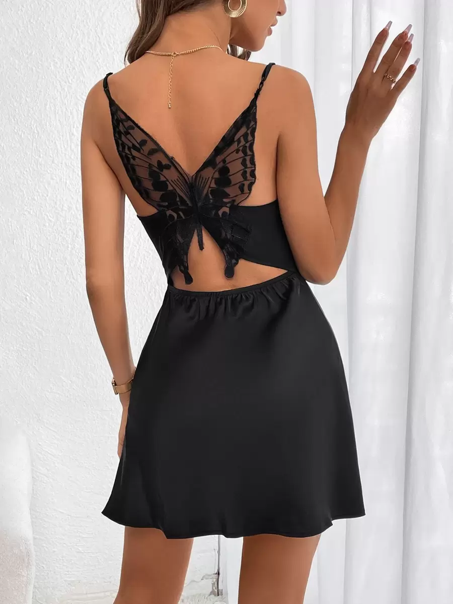 SHEIN Privé Butterfly Appliques Backless Cami Dress - Black - View 1