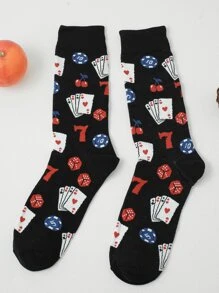 1pair Men Playing Card Pattern Fashionable Crew Socks, For Daily Life, Fall Socks - Multicolor - View 1