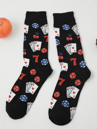 1pair Men Playing Card Pattern Fashionable Crew Socks, For Daily Life, Fall Socks