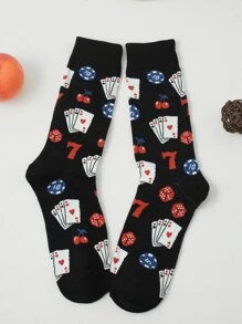 1pair Men Playing Card Pattern Fashionable Crew Socks, For Daily Life, Fall Socks - Multicolor - View 2