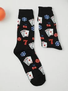 1pair Men Playing Card Pattern Fashionable Crew Socks, For Daily Life, Fall Socks - Multicolor - View 3
