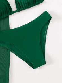 Swim Vcay Summer Beach Mono Bikini Set Halter Triangle Bra & Bikini & Drawstring Cutout Side Cover Up Dress 3 Piece Swimwear - Dark Green - View 5