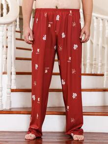 Extended Sizes Men Leaves And Letter Graphic Sleep Trousers - Red - View 6