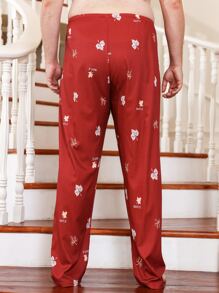 Extended Sizes Men Leaves And Letter Graphic Sleep Trousers - Red - View 2