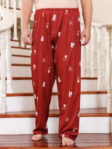 Extended Sizes Men Leaves And Letter Graphic Sleep Trousers - Red - View 4