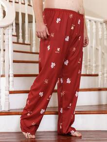 Extended Sizes Men Leaves And Letter Graphic Sleep Trousers - Red - View 5