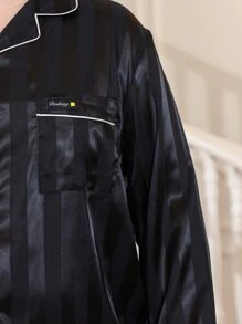 Men Striped Jacquard Contrast Piping Lapel Collar PJ Set - Black - View 3