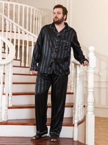 Men Striped Jacquard Contrast Piping Lapel Collar PJ Set - Black - View 5