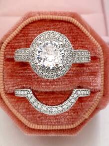 2 cái/bộ Cặp Nhẫn Trang Trí Đính Đá Cubic Zirconia - Bạc - Xem 2