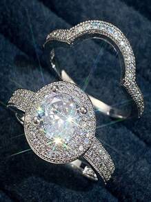 2 cái/bộ Cặp Nhẫn Trang Trí Đính Đá Cubic Zirconia - Bạc - Xem 3