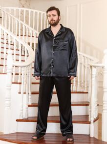 Extended Sizes Men Contrast Piping Lapel Collar PJ Set - Black - View 3