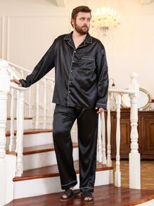 Extended Sizes Men Contrast Piping Lapel Collar PJ Set - Black - View 4