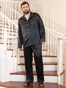 Extended Sizes Men Contrast Piping Lapel Collar PJ Set - Black - View 5